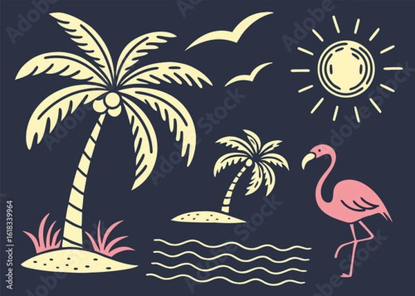 Fototapeta Flat Vector Icons of Tropical Beach Elements with Palm Trees, Flamingos, Sun, and Birds