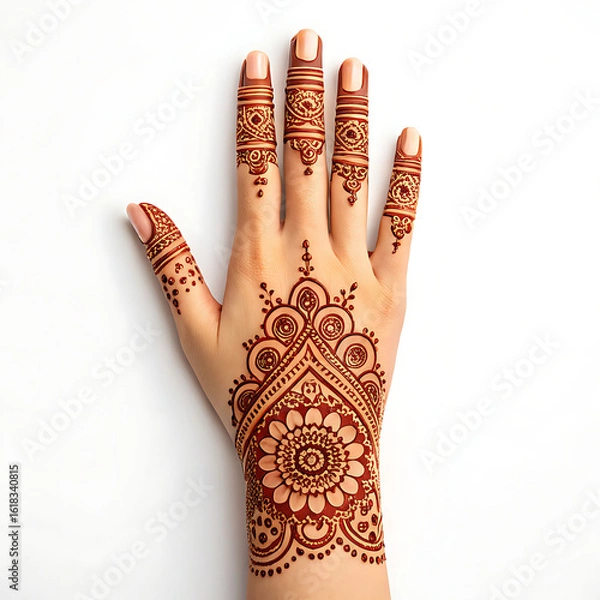 Obraz Intricate henna tattoo design on a woman s hand isolated on white background