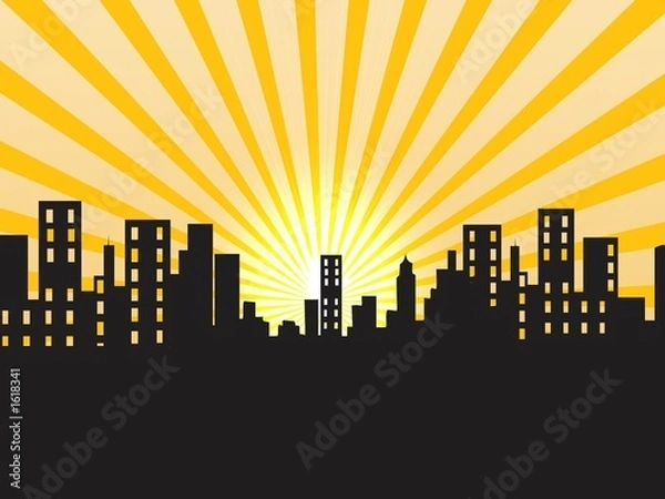 Obraz sunrise, illustration, strips, buildings, scene, g