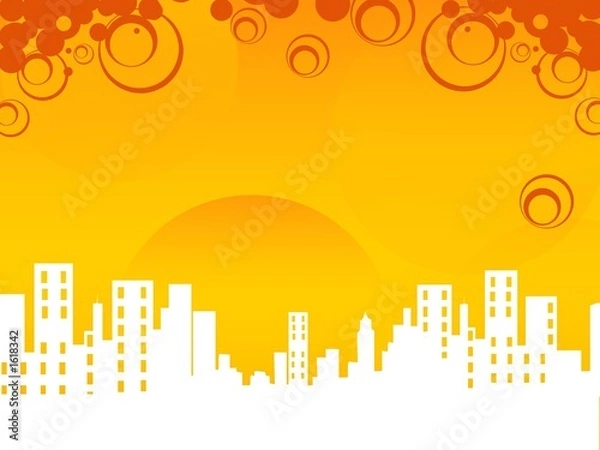 Obraz wschód słońca, ilustracja, paski, budynki, scena