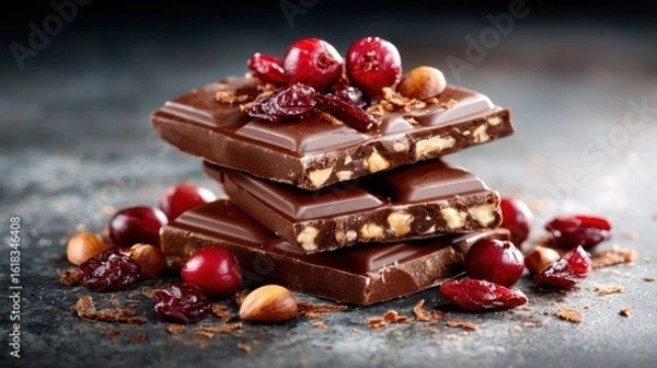 Fototapeta Delicious chocolate bars stacked high, topped with nuts and berries, creating a visually appealing and indulgent treat for chocolate lovers everywhere.