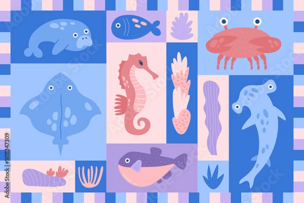 Fototapeta cartoon vector set with ocean animals and plants