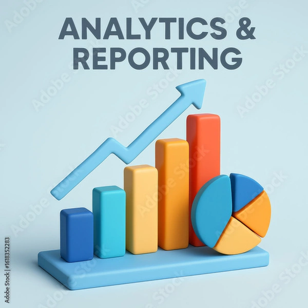 Fototapeta Illustration of an analytics and reporting chart with upward trend and pie graph