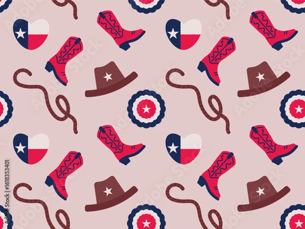 Obraz Seamless pattern with cowboy boots, hat, rope, Texas flag in heart shape, repeating background.