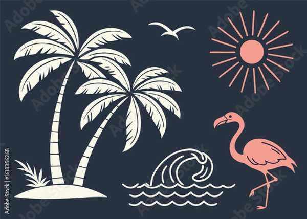Fototapeta Flat Vector Icons of Tropical Beach Elements with Palm Trees, Flamingos, Sun, and Birds