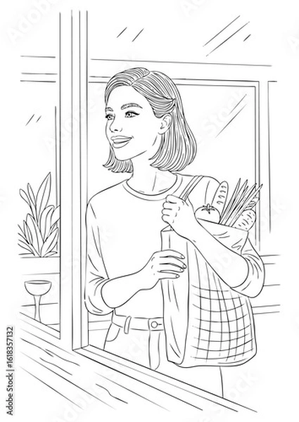 Fototapeta A young woman smiling while holding a reusable shopping bag filled with groceries. Daily Cafe Illustration.