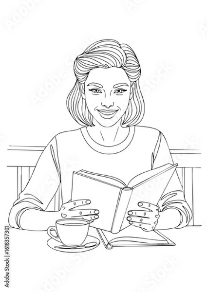 Fototapeta A young woman happily reading an open book at a table with a cup of coffee. Daily Cafe Illustration.