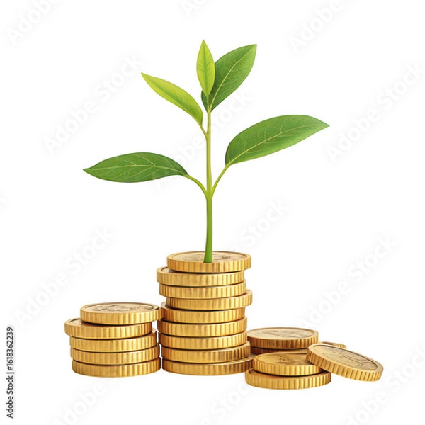 Obraz Green plant sprouting from stacks of gold coins symbolizing financial growth and investment isolated on transparent background