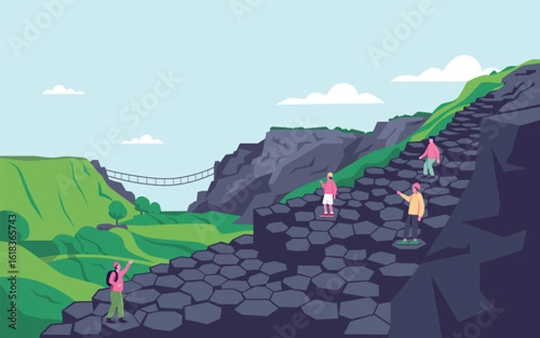 Obraz People Exploring Giant's Causeway and Carrick a Rede Rope Bridge