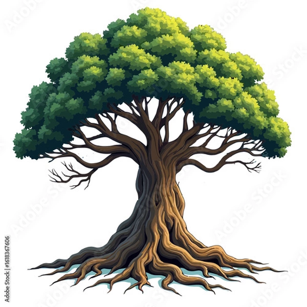 Obraz Majestic Green Tree with Visible Roots and Broad Canopy – Vector Illustration