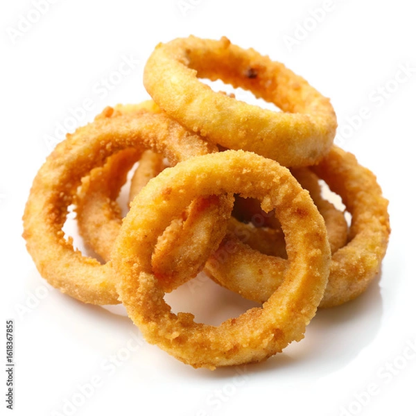 Obraz A pile of goldenbrown, crispy fried onion rings, coated in breadcrumbs and fried to perfection, isolated on a white background
