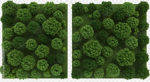 Fototapeta Top View of Two Square Patches of Trees and Grass on Transparent Background