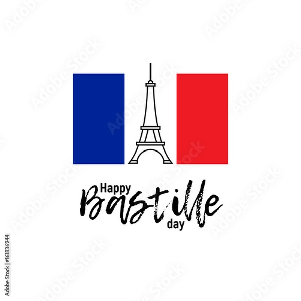 Fototapeta Happy Bastille day, 14th July. French national holiday, vector design element suitable for banner or poster. Linear abstract illustration of the Eiffel Tower with National flag of France