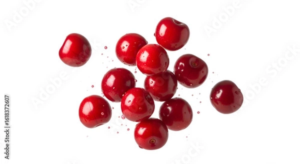 Fototapeta Fresh Cherries Float with Water Droplets on Transparent Background, Delicious Fruit, Healthy Food