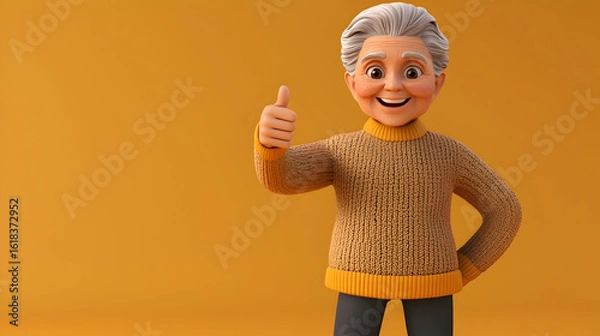Obraz Animated Elderly Man In A Knitted Sweater Giving Thumbs Up