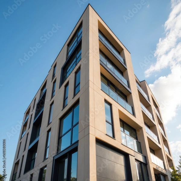 Fototapeta Modern architectural design showcases stylish building with large windows and sleek facade, reflecting contemporary aesthetics and urban living