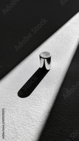 Obraz Shiny metallic object casting a long shadow on textured surface in stark lighting