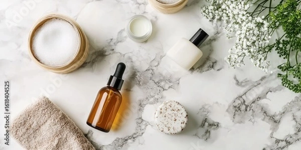 Fototapeta Minimalist skincare essentials collection displayed on white marble