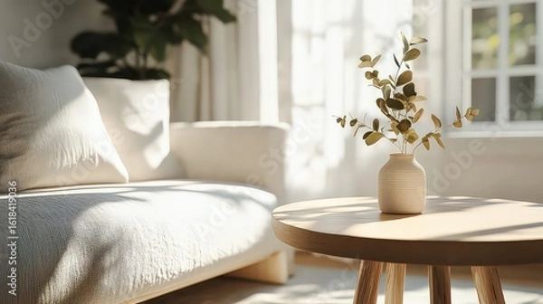 Obraz Light Beige Sofa Eucalyptus Branches in Cream Vase on Light Wood Round Table Sunlit Room