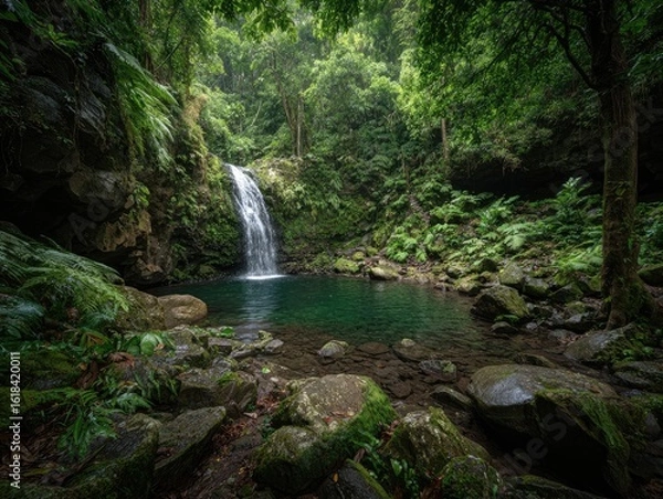 Obraz Lush rainforest waterfall cascading into a tranquil pool