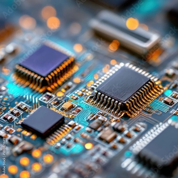 Fototapeta Extreme close up of electronic microchips and circuit boards, abstract tech background, metallic textures