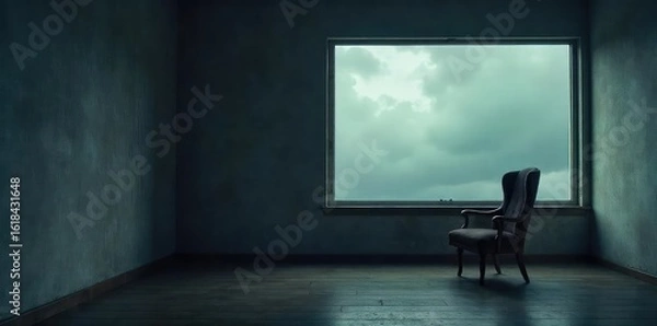 Fototapeta An empty, dimly lit room, a single chair sits by a window overlooking a grey, overcast sky, suggesting solitude and the finality of life's end , isolation, empty chair, finality