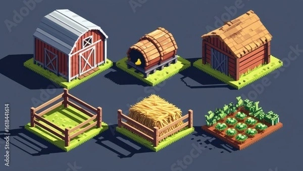 Fototapeta A collection of isometric pixel art farm elements including barns haystacks fences a kiln and crops