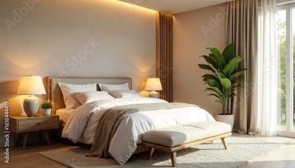 Fototapeta Serene bedroom interior with soft lighting, plush bedding, and calming decor Perfect for relaxation and peaceful sleep Muted tones create a tranquil atmosphere , dream, decor