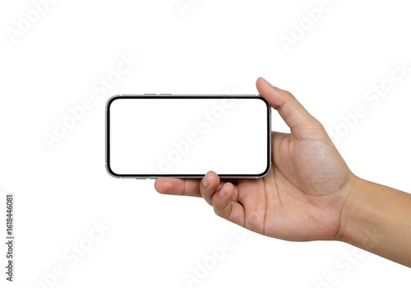 Obraz Human hand holding a modern smartphone horizontally with a blank screen isolated on transparent background