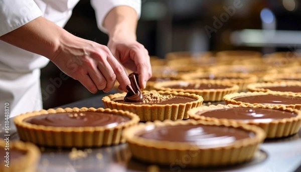 Fototapeta Pastry Chef Decorating Chocolate Tart with Hazelnuts