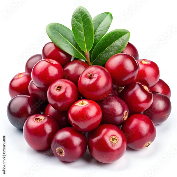 Fototapeta A pile of fresh red cranberries with leaves, isolated on a white background