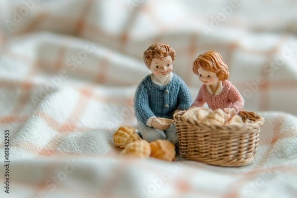 Obraz Two cute figurines, a boy and a girl, sharing bread in a wicker basket on a soft blanket.