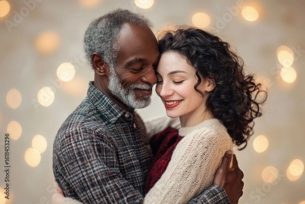 Fototapeta An older Black man and a younger white woman embrace, eyes closed, in front of a bokeh background of warm lights.