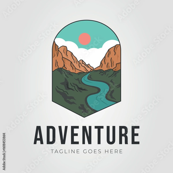 Fototapeta Modern Line Art Adventure Landscape with River and Mountains in Frame Icon