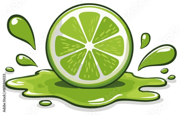Fototapeta Fresh juicy lime slice with green juice splashing in a cartoon vector illustration