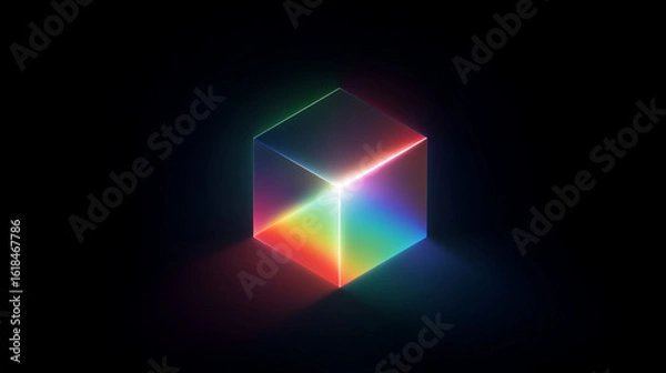Fototapeta Abstract prism glowing with rainbow neon, clean black background, futuristic vibe