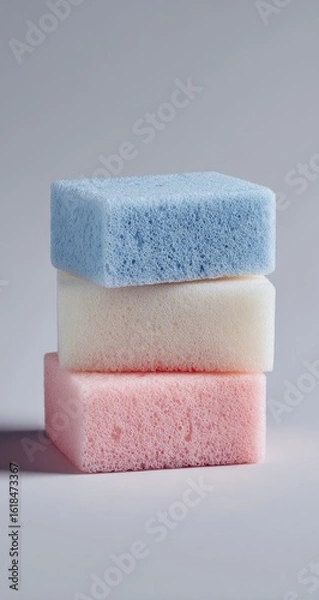 Fototapeta A stack of three rectangular, pastel-colored cellulose sponges; light blue, off-white, and pale pink, sits on a neutral gray background