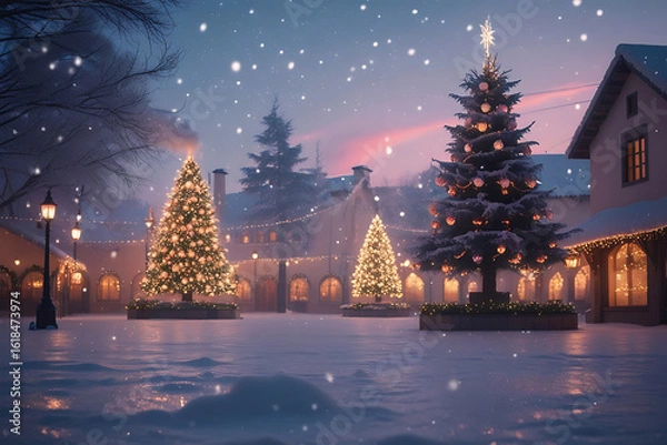 Obraz Christmas and winter holiday marketing background, with winter and christmas tree themes, christmas ornaments and presents, snowy vibes.Christmas Background
