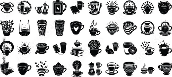 Fototapeta Collection of coffee cup icons and illustrations isolated on transparent background
