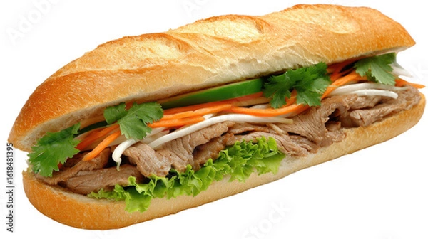 Obraz Freshly Made Vietnamese Sandwich with Cilantro, Carrots, Cucumbers, and Tender Meat on Crisp Baguette