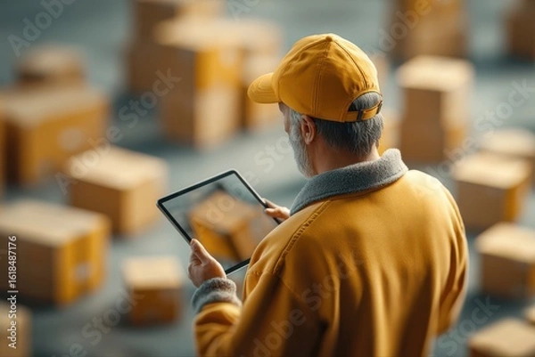 Fototapeta A man wearing a yellow shirt and cap attentively looks at a tablet screen in this 3D render of an entrepreneur using technology for business purposes.