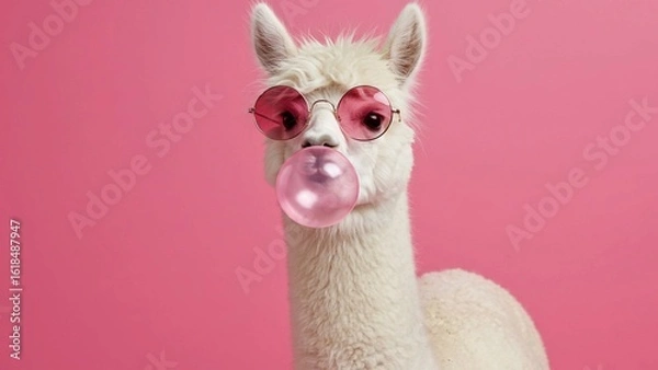 Fototapeta ​A fluffy white alpaca strikes a pose against a vibrant pink backdrop, sporting stylish round pink sunglasses. A large, inflated pink bubblegum extends from its mouth, adding a playful touch.  