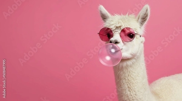 Fototapeta ​A fluffy white alpaca strikes a pose against a vibrant pink backdrop, sporting stylish round pink sunglasses. A large, inflated pink bubblegum extends from its mouth, adding a playful touch.  