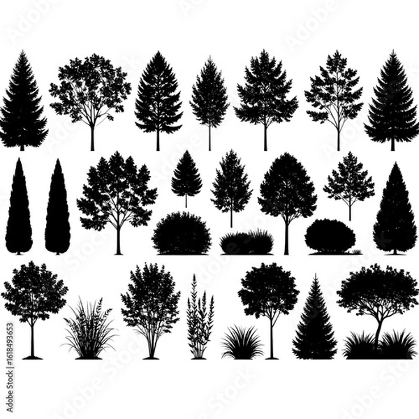 Fototapeta  Vector silhouettes of trees, bushes, various types of trees and shrubs in black vector, Various shapes of silhouette of grass, bushes and low plants, design element 