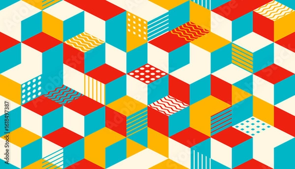 Fototapeta Seamless geometric pattern of colorful 3D cubes in red, yellow, white, and blue. Textured with waves, stripes, and dots for depth. Bold, abstract, and visually engaging design.