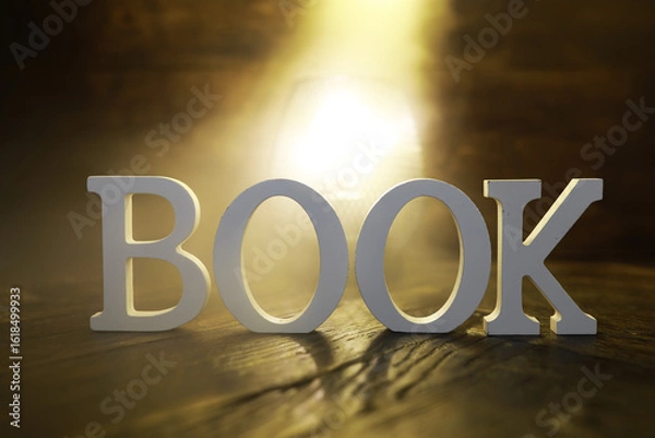 Fototapeta Illuminated Wooden Book Sign on Dark Rustic Background with Warm Light