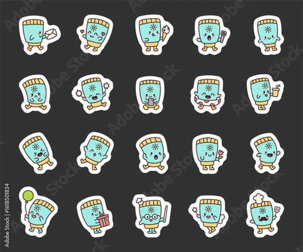 Fototapeta Cute sunscreen kawaii character set with different actions and emotions including dancing, reading, relaxing, cooking, gifting, smiling, walking and having fun for your designs projects