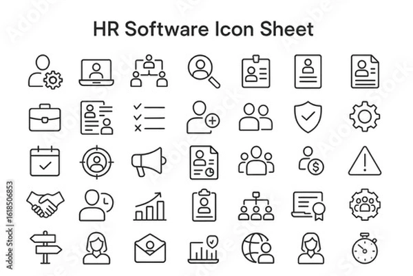 Fototapeta HR Software Icon Sheet: A meticulously crafted set of digital icons representing the core functionalities of human resources software, perfect for design and web applications, all rendered in a clean.