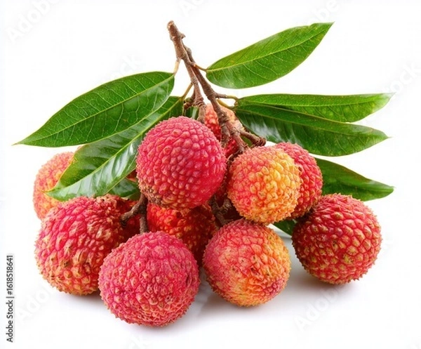 Fototapeta Whole Fresh Lychee with Stems on White Background, Summer Tropical Fruit with Textured Pericarp and Foliage Detail