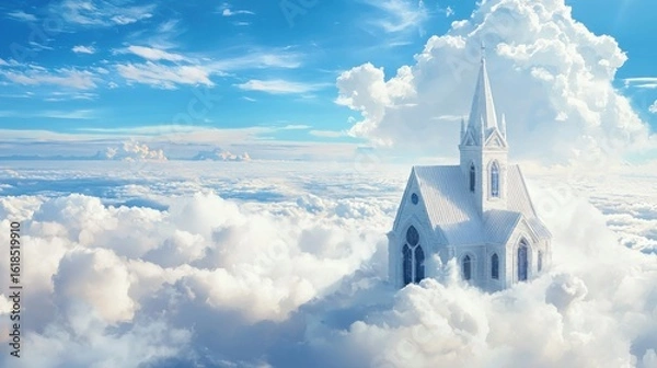Fototapeta White church house with pointed roof and arched windows floats above a sea of soft white clouds in blue sky.